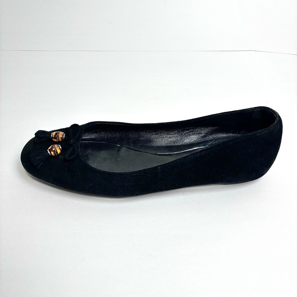 Gucci Bamboo Bow Classic Flats Black Suede EU 37.5 Shoes Ballet - Picture 2 of 6